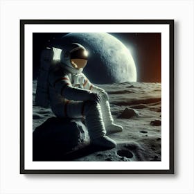 A photo of an astronaut sitting on a rock on the moon, with the moon's surface and the Earth in the background. The astronaut is wearing a white spacesuit with a helmet and a backpack. The moon's surface is gray and dusty, with craters and mountains in the background. The Earth is a blue and white sphere in the distance. The photo is taken from a low angle, making the astronaut appear larger than life. Art Print