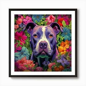 Flower Dog Pitbull (blue & white) Art Print