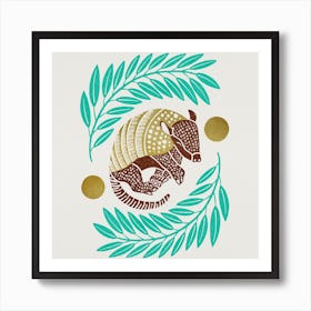 Armadillo   Turquoise And Gold Square Art Print