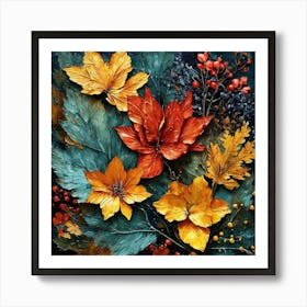 Autumn Leaves, Design A Piece Featuring Elements Of Nature Such As Leaves And Flowers, Autumn Flowers Art Print