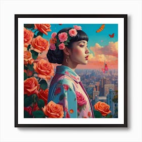 Asian Girl With Roses Art Print