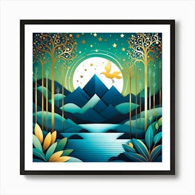 Abstract Landscape With Trees And Moon, vector art Art Print