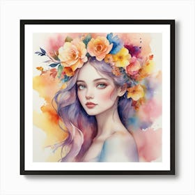 Watercolor Girl With Flowers Art Print Art Print