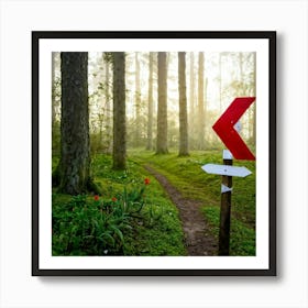 Directional Sign At A Forked Path In A Forest Morning Mist Hovering Indicating Right To A Twisti (3) Art Print