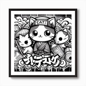 Graffiti Cat Black And White Art Print