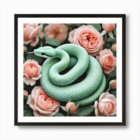 Green Snake With Pink Roses Art Print