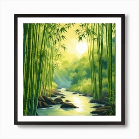 A Stream In A Bamboo Forest At Sun Rise Square Composition 182 Art Print