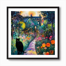 Black Cat In Monet Garden 4 Art Print