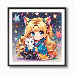 Kawaii Girl With Cat Art Print