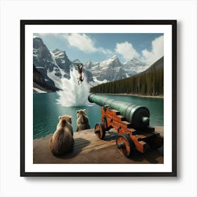 Bears Watching A Man Shoot Out Of A Cannon Art Print