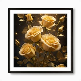 Golden Roses On Black Background Art Print