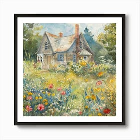 The Little Old Farmhouse Watercolor Painting | Wildflowers Americana Idyllic Art Prints | Flowers Botanical Dreamy Perfect Nostalgia Art Print