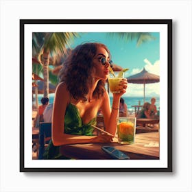 Girl Drinking Cocktail At The Beach Art Print