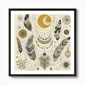 Bohemian Feathers.Boho art, moon and yellow squiggly line, American style. Art Print