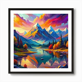 Colorful Landscape With Mountains, A Lake, And A Forest Art Print