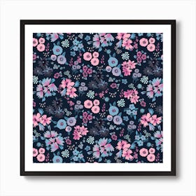 Little Flowers Pink Navy Square Art Print