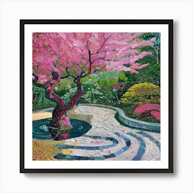 Japanese Zen Garden in Spring Series. Style of David Hockney 1 Art Print