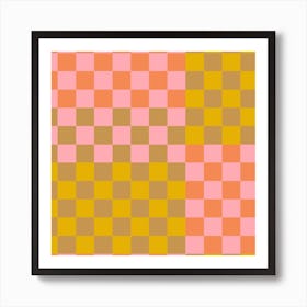 Modern Checkerboard Shapes in Pink Orange and Yellow Art Print