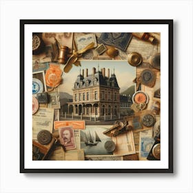 A Collection Of Vintage Postcards Showcasing A Castle And Various Stamps, With Coffee Corner Wallpaper In The Background Art Print