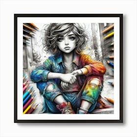 Girl With Colored Pencils Art Print