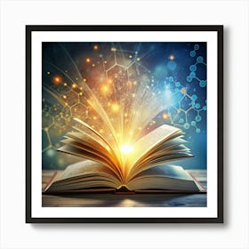 A book opens on a wooden table, with light and energy radiating from its pages. Art Print