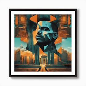 A Man S Head Shows Through The Window Of A City, In The Style Of Multi Layered Geometry, Egyptian Ar (3) Art Print
