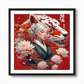 Asian Girl With flowers white Tiger Art Print