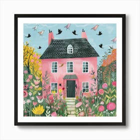 Pink House With Birds 1 Art Print