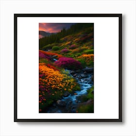 Mountain Stream With Colorful Flowers Art Print