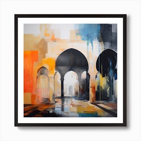 Abstract Contemporary Art Print - Orange & Blue Archways With Reflection In Water Art Print