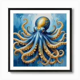 Octopus Blue And Gold Animal Art Print 2 Art Print