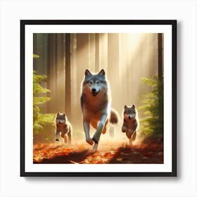 Wolf Family Running In The Forest Art Print