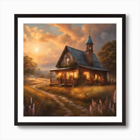 Cottage At Sunset Art Print