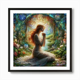 Woman Praying In The Forest Art Print