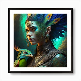 Firefly A Modern Illustration Of A Fierce Native American Warrior Peacock Iguana Hybrid Femme Fatale (8) 1 Art Print