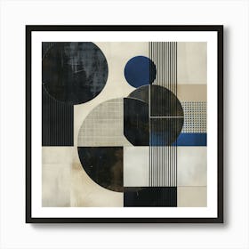Abstract Geometric Painting - Blue, Beige and Black Circles, Squares and Lines Art Print