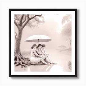 Three Women Under An Umbrella Art Print