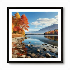 Autumn Trees By The Lake paintings art print Art Print