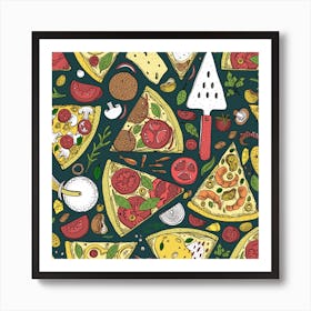 Vector Seamless Pizza Slice Pattern Hand Drawn Pizza Illustration Great Pizzeria Menu Background Art Print