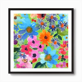 Watercolor Flowers with Turquoise and Orange Art Print