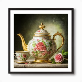 A very finely detailed Victorian style teapot with flowers, plants and roses in the center with a tea cup 13 Art Print