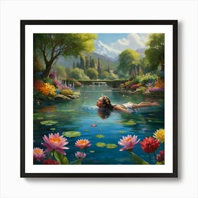 A gracefully floating water nymph, her delicate form surrounded by a tranquil garden of ethereal water blossoms. The petals of these flowers convey a range of emotions, shifting gently with the breeze that ripples through the crystal clear water. The aquatic stems showcase a vibrant array of colors, dazzling the eyes with their beauty. This captivating scene is depicted in a stunningly detailed painting, where every aspect is brought to life with rich and vibrant hues against green surroundings, crossing reality and illusion, highly detailed, cinematic scene, dramatic lighting, ultra realistic 6 Art Print