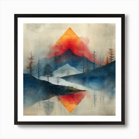 'Reflections of Serenity', an artwork that encapsulates the tranquil beauty of a mountain landscape mirrored in still waters. The piece juxtaposes the fiery warmth of a sunset with the cool calmness of twilight hues, creating a harmonious balance between elements.  Mountain Landscape, Tranquil Art, Sunset Reflections.  #ReflectionsOfSerenity, #MountainArt, #PeacefulLandscape.  'Reflections of Serenity' is a gateway to a world where time stands still, and nature's grandeur is captured in a moment of perfect symmetry. Ideal for those seeking a meditative space, this artwork transforms any room into a sanctuary of calm, inviting viewers to immerse themselves in the soothing embrace of nature's artistry. Art Print