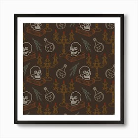 Seamless Pattern With Skulls And Candles on Brown Art Print