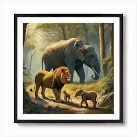 Lions And Elephants Art Print