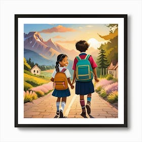 Two Children Walking Down A Road Art Print