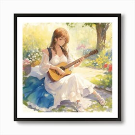 Beautiful Woman Playing Guitar In The Garde 0 (1) Art Print