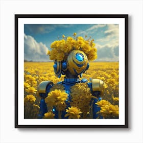 Robot In A Field Of Yellow Flowers 1 Art Print