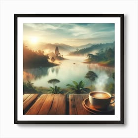 Morning Coffee By The Lake Wall Print Art A Tranquil And Picturesque Scene Perfect For Adding A Sense Of Peace And Relaxation To Any Coffee Lover S Space Art Print