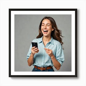 Flat Illustration Of A Woman Character With A Smart Phone In Hand Laughing Excitement Joy 95468733 Art Print